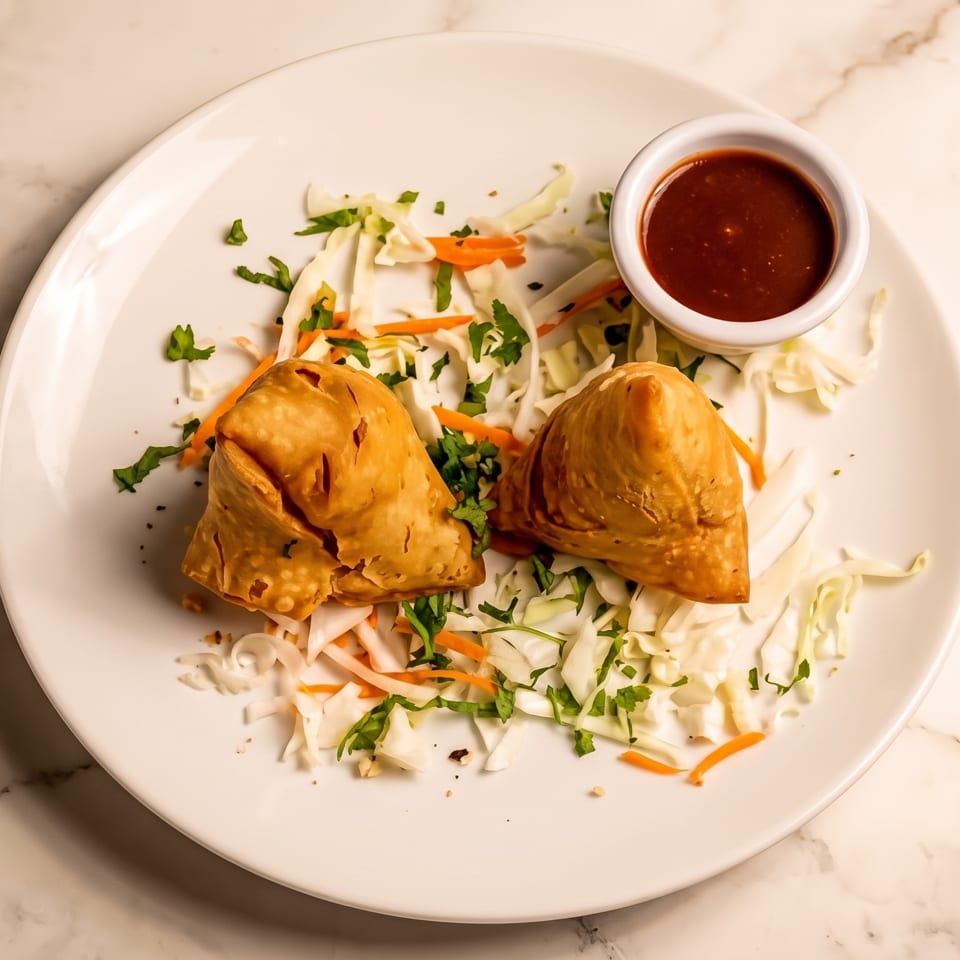 Golden samosas served with shredded cabbage and carrot slaw, cilantro, and a bowl of dark dipping sauce on a white plate.