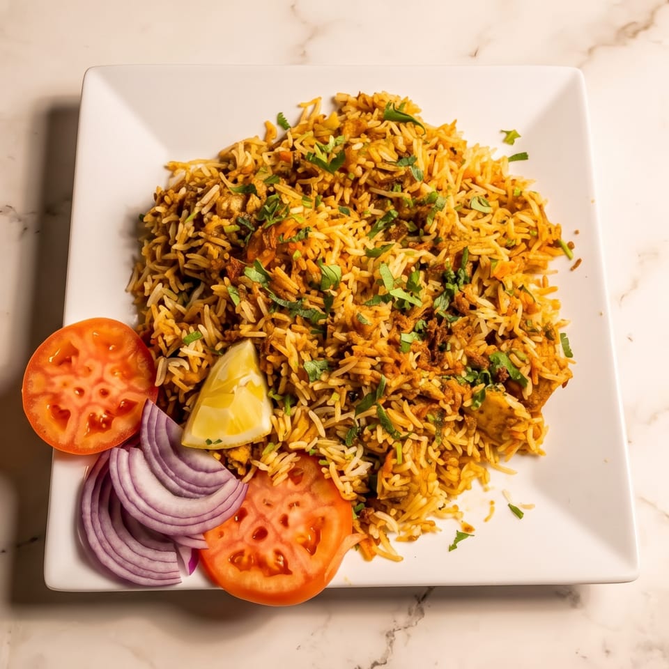 Spiced biryani rice garnished with cilantro, lemon, tomato, and red onion on a white square plate.