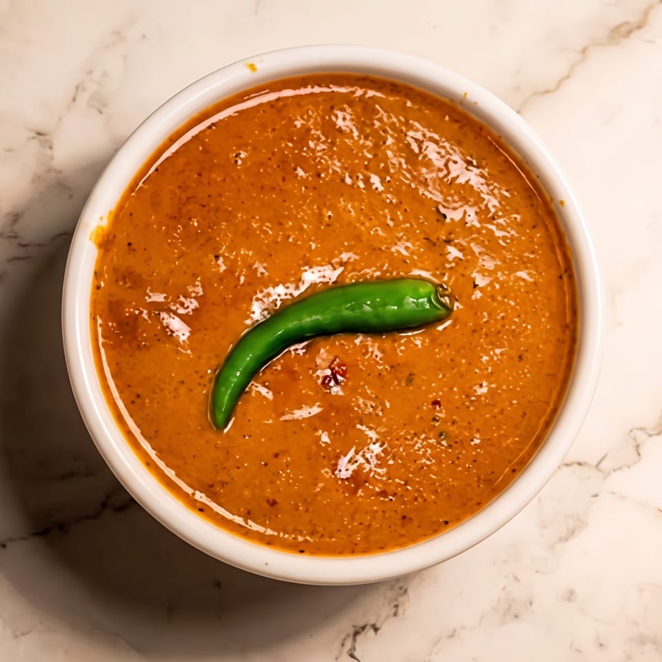 Bowl of creamy orange curry garnished with a whole green chili on a marble countertop.