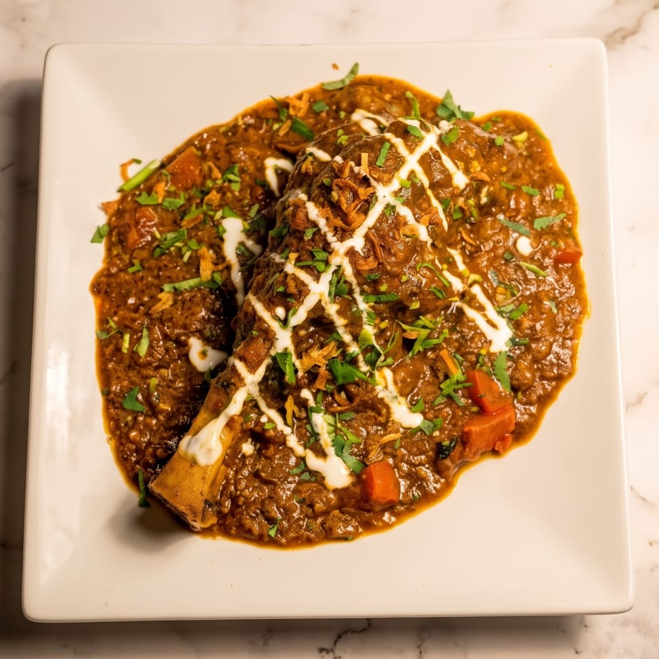 Braised lamb shank in rich curry sauce, drizzled with yogurt and garnished with cilantro and crispy onions.