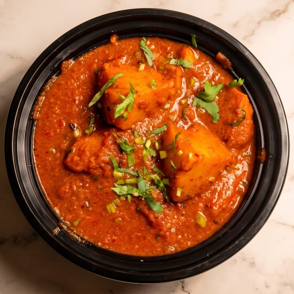 Bowl of paneer tikka masala in creamy red sauce, garnished with cilantro and green onions on a marble countertop.