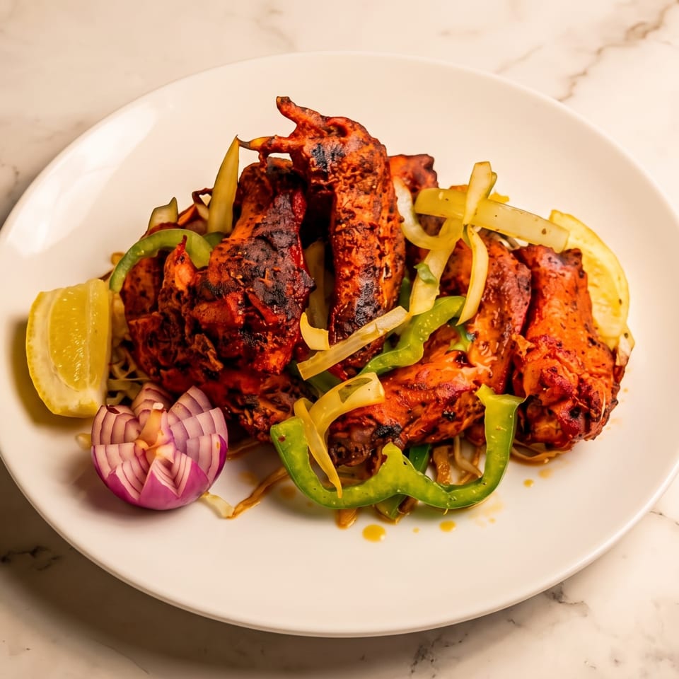 Char-grilled spiced chicken pieces served with peppers, onions, lemon, and red onion on a white plate.