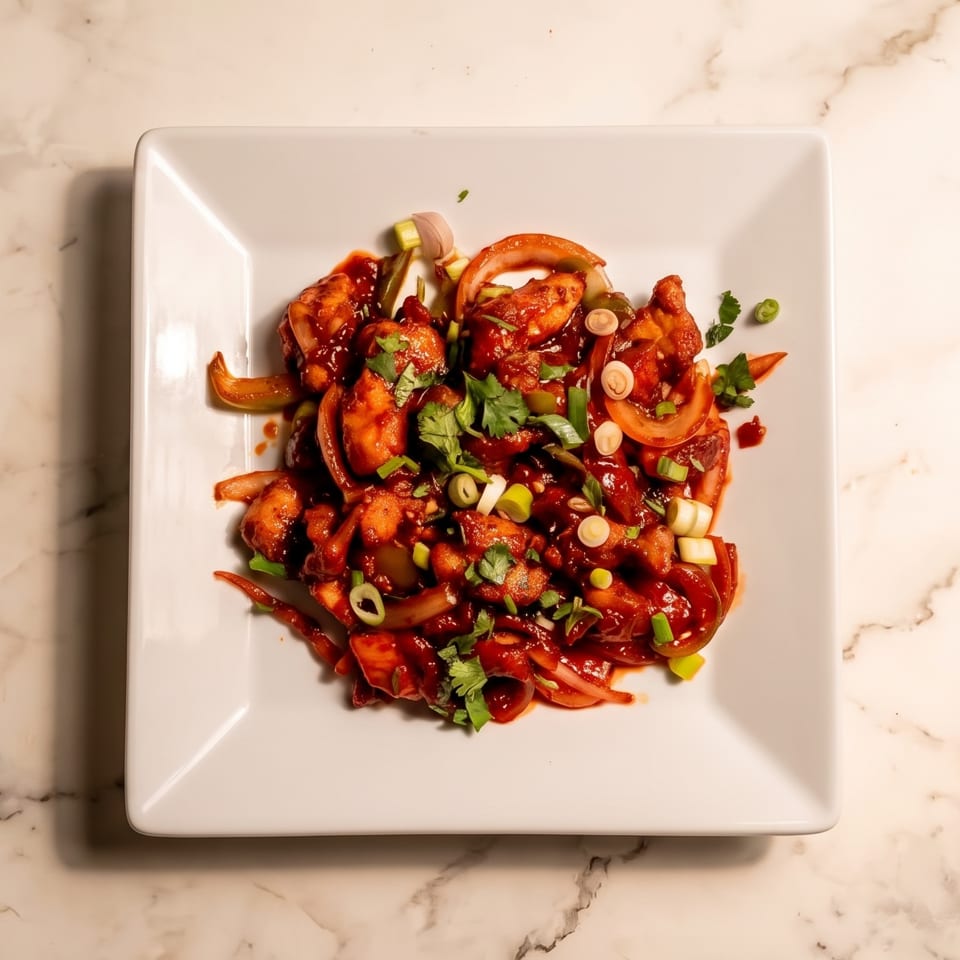 Saucy stir-fried chicken with peppers, onions, tomatoes, scallions, and cilantro on a square white plate.