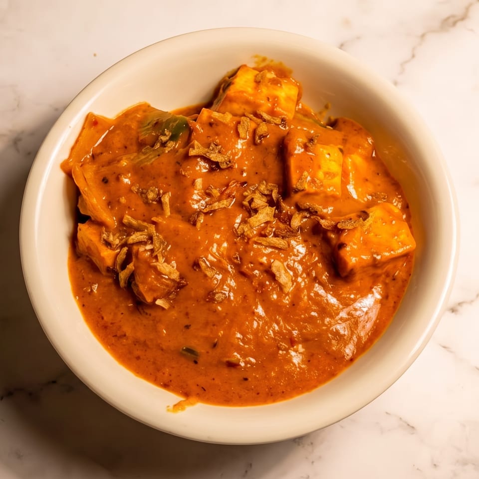 Bowl of paneer cubes in creamy orange curry, topped with crispy fried onions on a marble countertop.