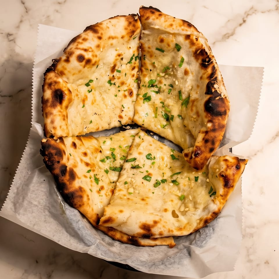 Two folded, charred flatbreads topped with herbs and garlic sit on parchment over a marble countertop.