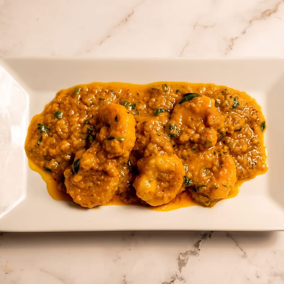 Plated shrimp and meatballs coated in a creamy orange sauce with herbs on a white rectangular plate.
