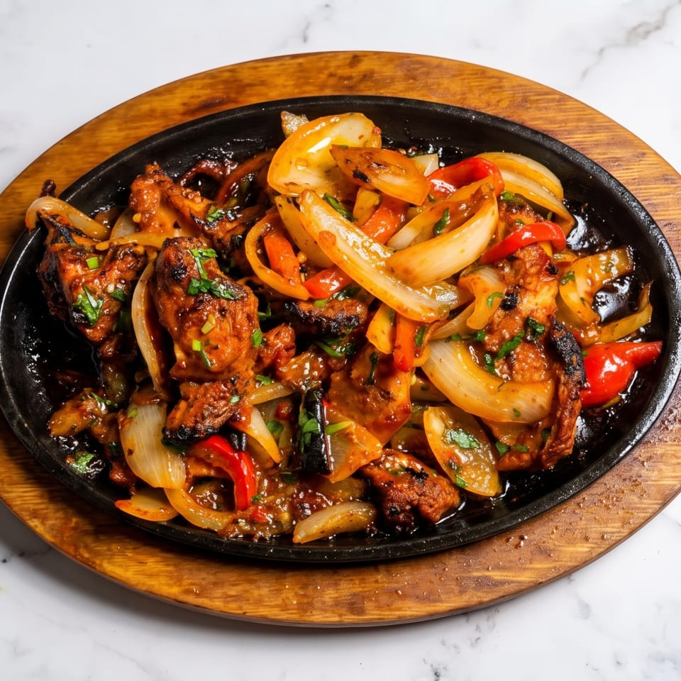 Grilled chicken pieces with onions, tomatoes, peppers, and herbs served on a sizzling black platter.