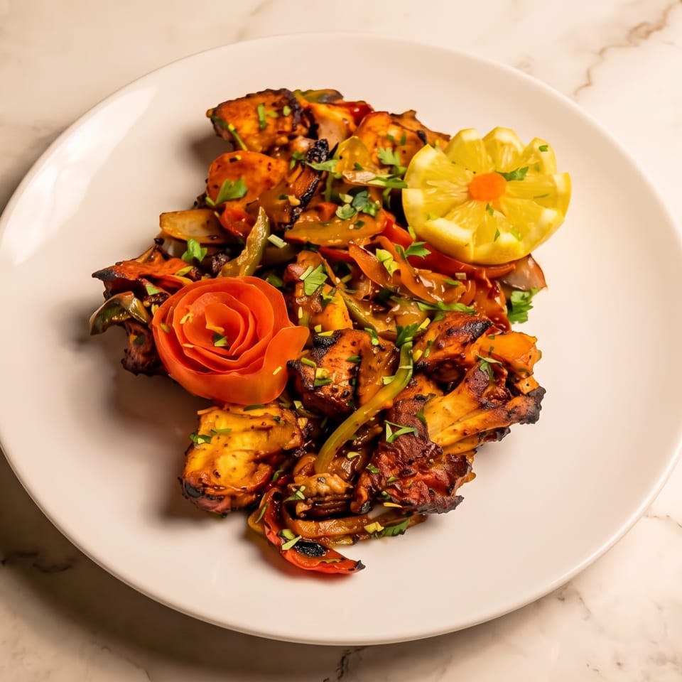 Grilled spiced chicken and vegetables garnished with cilantro, tomato rose, and lemon on a white plate.