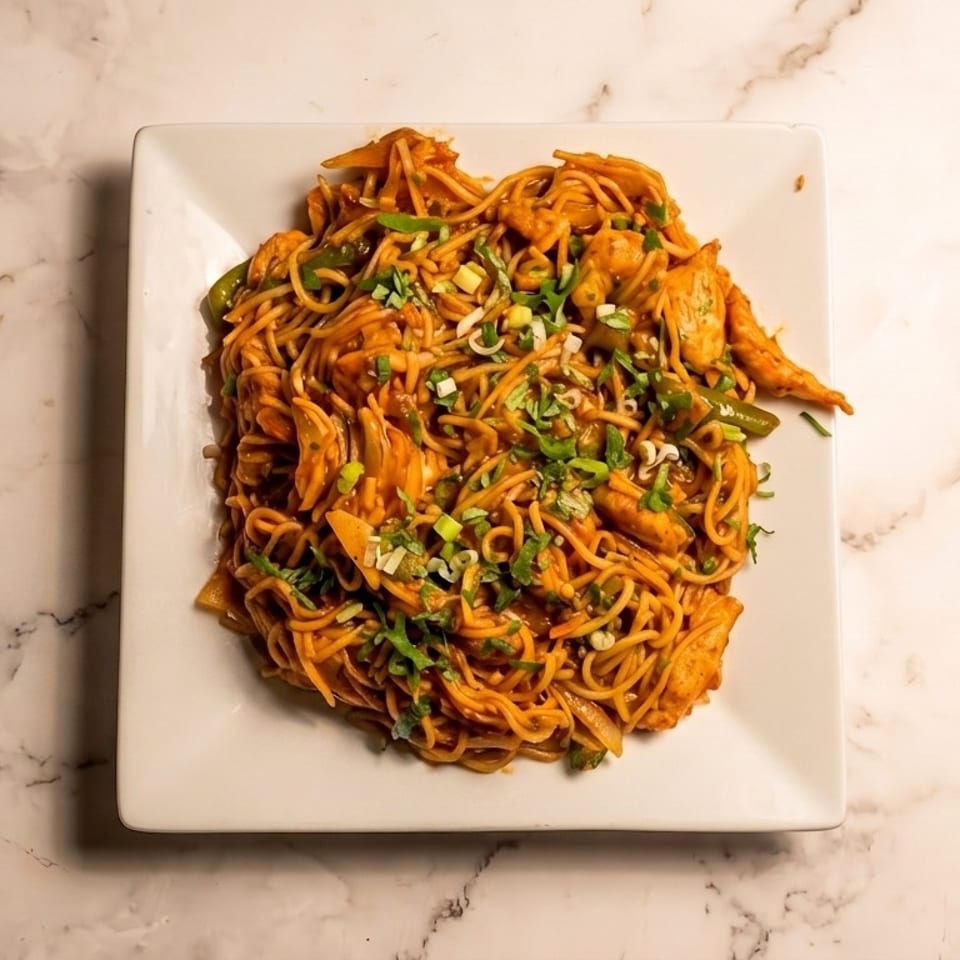 Plate of saucy stir-fried noodles with vegetables, chicken, cilantro, and scallions on a white marble surface.