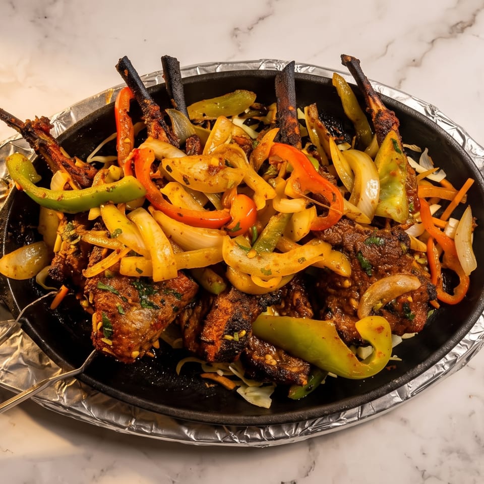 Sizzling platter of grilled meat, colorful peppers, onions, and vegetables served in a cast-iron skillet.