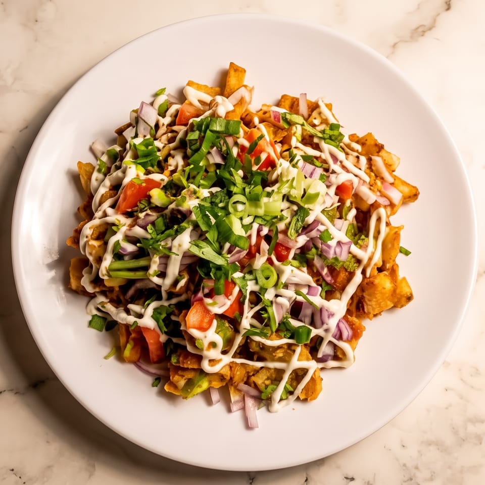 Loaded plate of golden fries topped with chopped tomatoes, onions, herbs, avocado, and drizzled white sauce on marble.