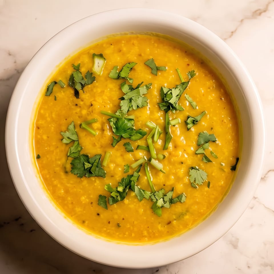 Bowl of golden lentil dal garnished with fresh cilantro on a marble tabletop.